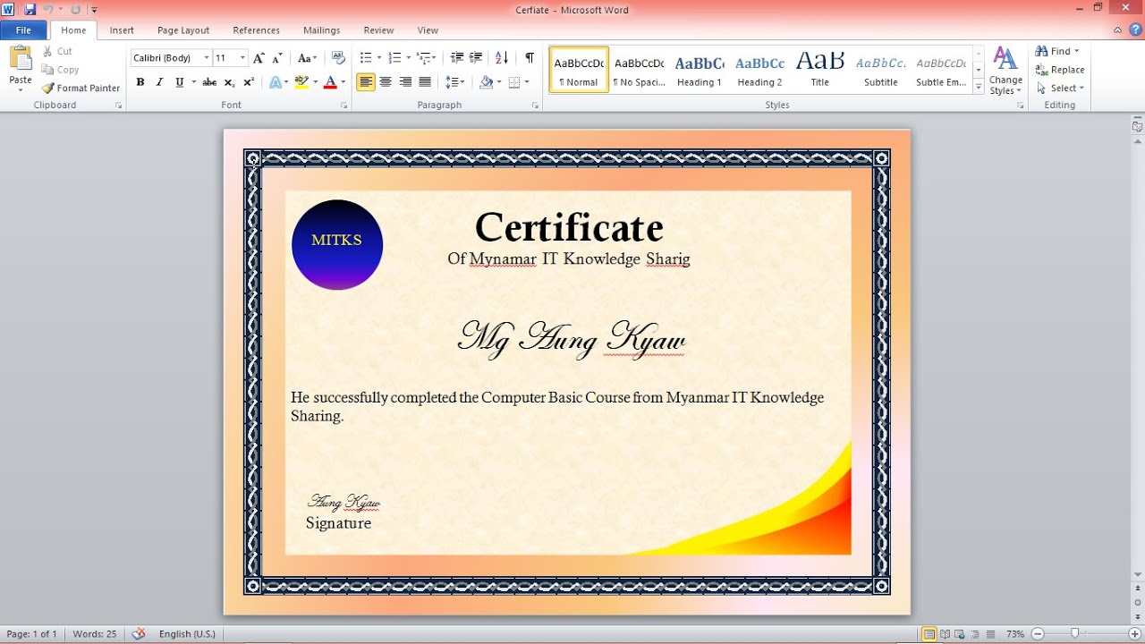 How to create certificate with Microsoft Office Document နှင့် Certificate  တစ္ခုျပဳလုပ္နည္း