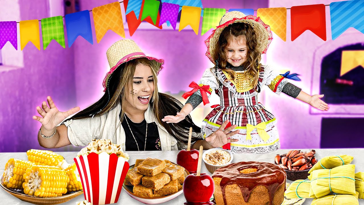 EU E MINHA IRMÃZINHA COMENDO COMIDA DE FESTA JUNINA PELA PRIMEIRA VEZ!