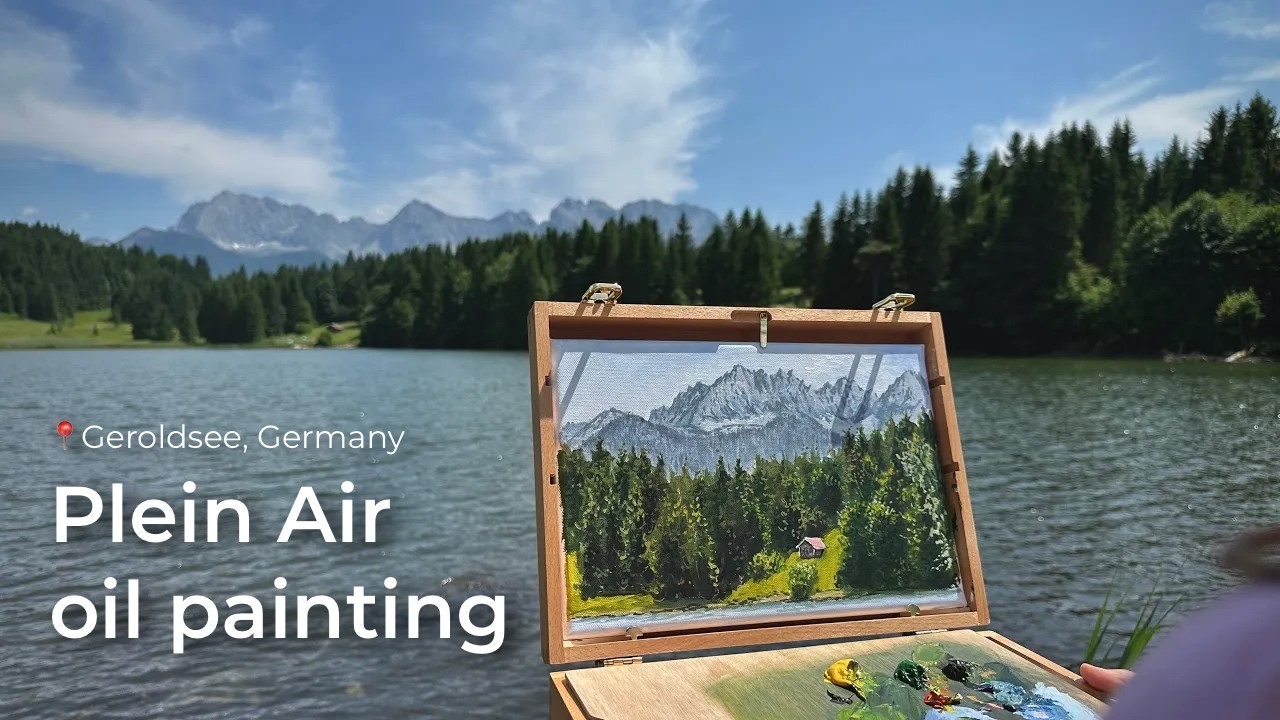Plein Air painting near mountain lake in Alps with Pochade Box on canvas, tutorial, Landscape 4K