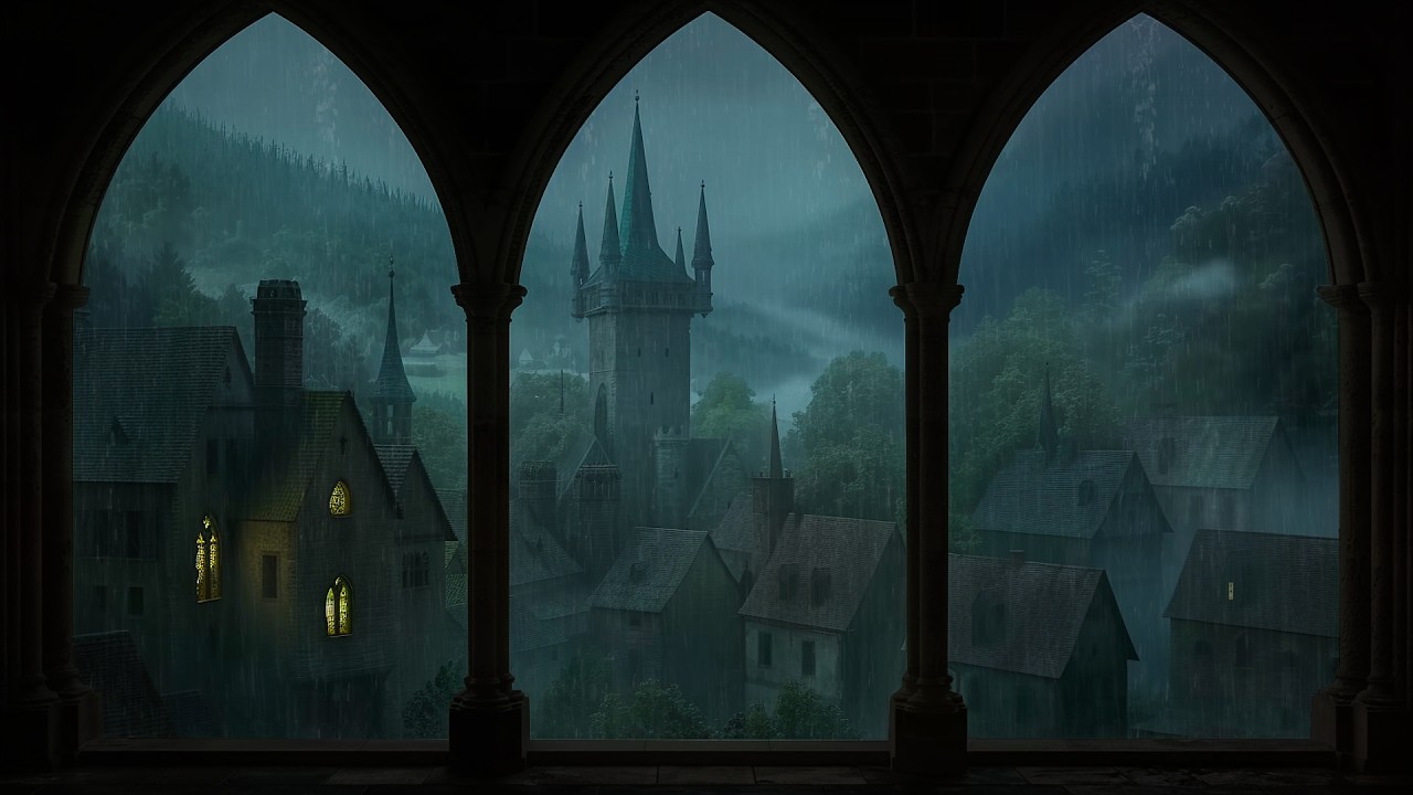 Soothing Rain in a Medieval Castle - Window Rain & Thunder for Deep Sleep