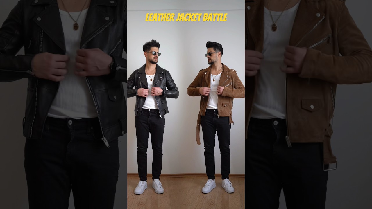 Leather Jacket Battle | Black vs Brown 🕶️🔥 #jackets #leatherjacket #outfitbattle #menstyle #men