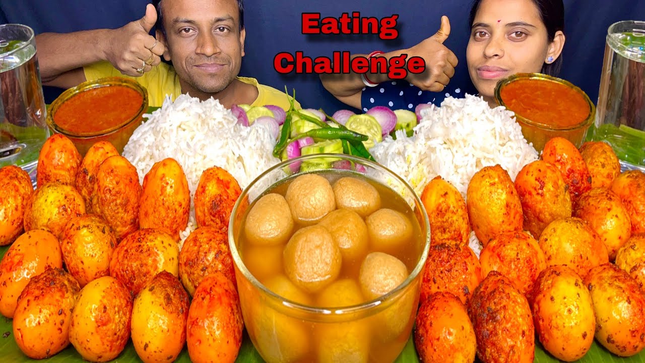Huge Egg Curry & Rice Eating Challenge! HUSBAND vs WIFE || Rosogulla || Eating Competition