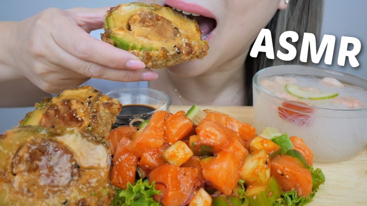 ASMR *Deep Fried Spicy Avocado Volcano, Spicy Salmon Sashimi with Ebi Sunomono Salad NO Talking |NE