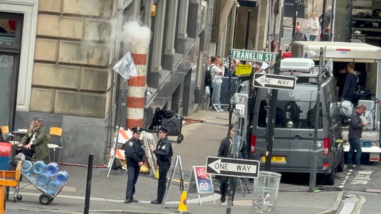 NYPD casually talking, people walking, Behind the scenes of Marvels Spider-Man 4 in Glasgow 