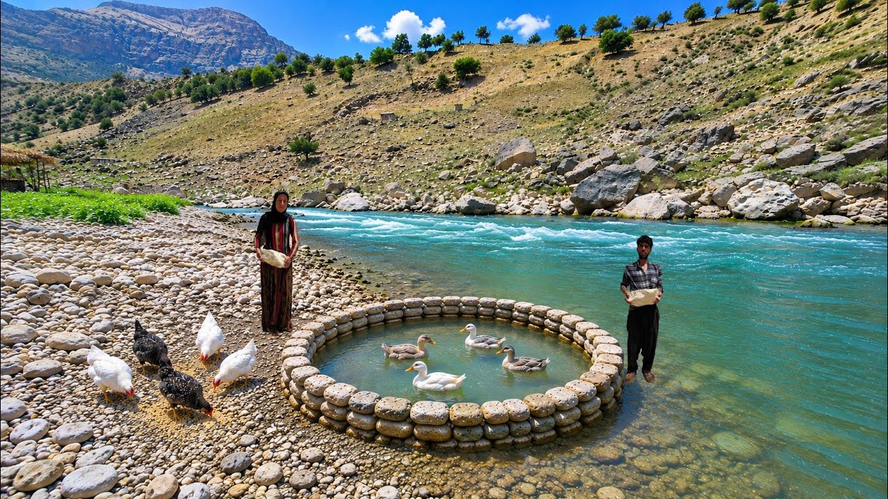 🔥🌊 We Built a Stone Duck Pond by the River! 🦆 | 🎣 Fishing & Cooking on Fire in the Mountains ⛰️