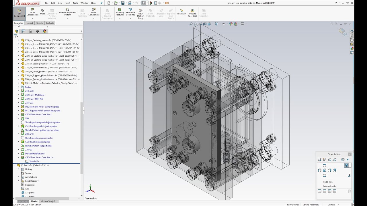 Tutorial: Mold design using SolidWorks, HASCO mold base assembly and HASCO mold components.