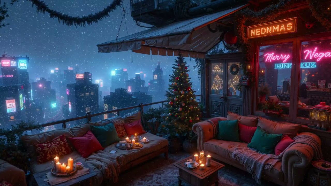 Cyberpunk Balcony Snowfall Night Ambience Chill Music for Deep Focus Relaxation and Peaceful Sleep