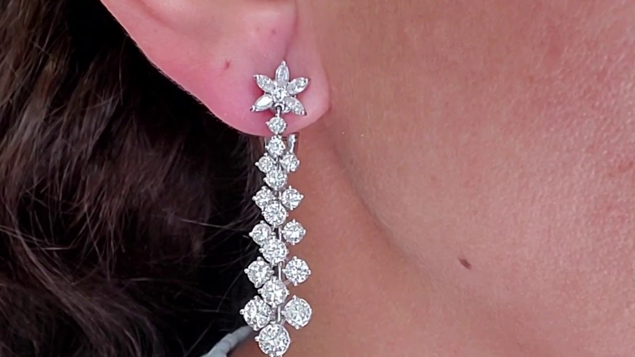 Vintage Diamond Platinum Floral Dangling Drop Earrings  852306