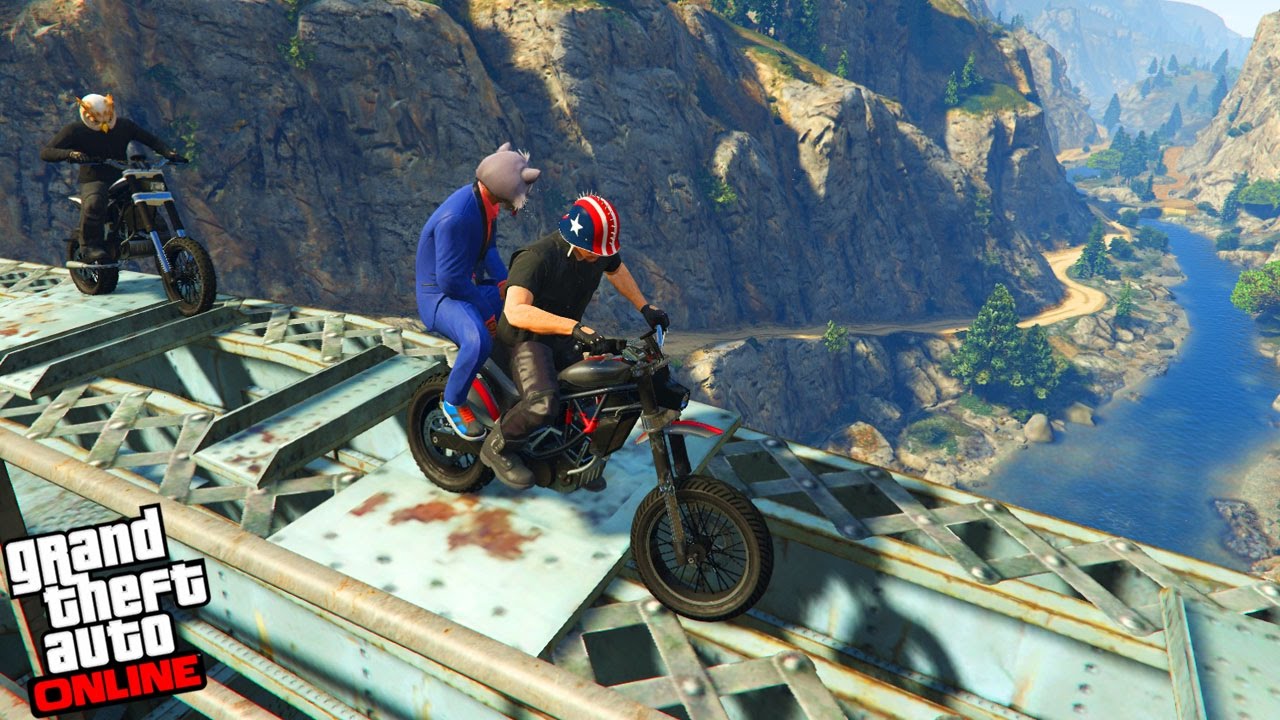 GTA V - Online - PARKOUR DE MOTO NA PONTE TROLL!