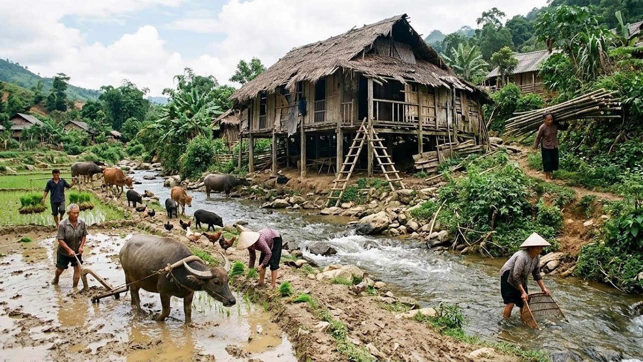 Life in a Poor Village Along the Stream | Plowing Fields, Farming Rice & Raising Buffalo and Cattle