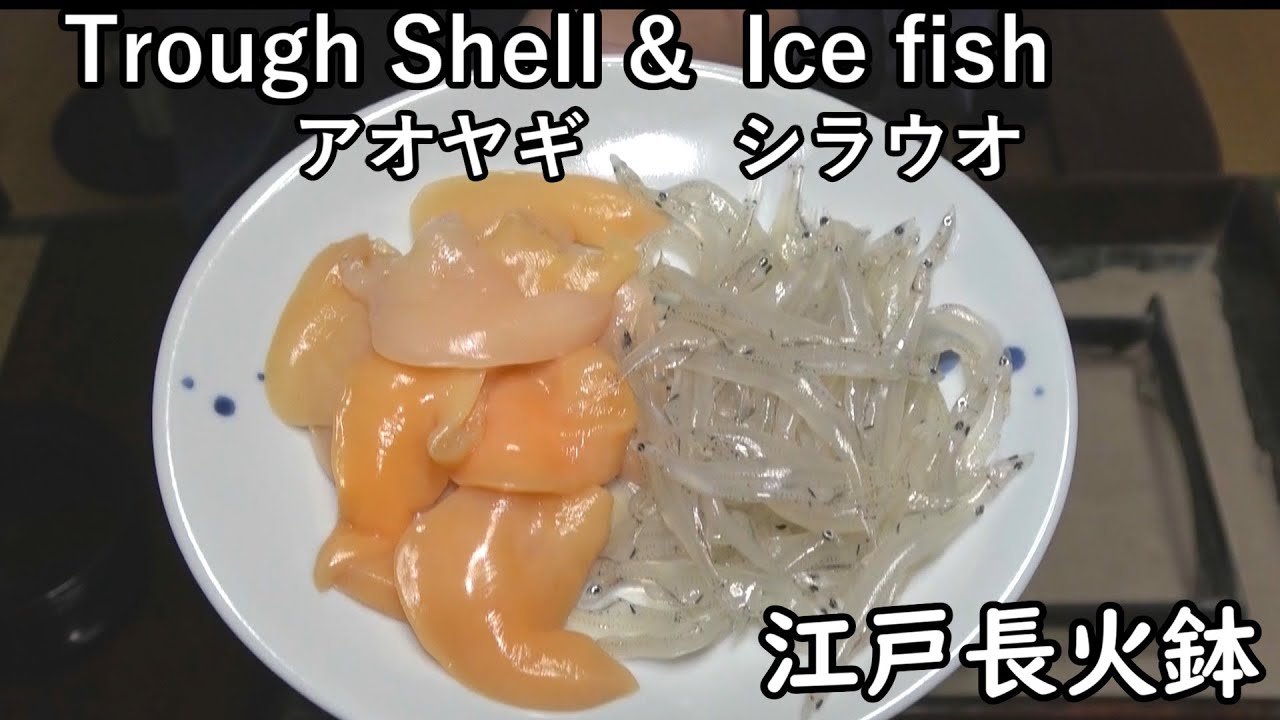 アオヤギ、シラウオの貝焼き-Trough Shell & Japanese Icefish-【Japanese food 江戸長火鉢】