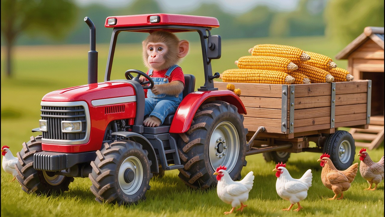 Monkey Nana Drives Tractor to Harvest Corn for His Laying Hens 🐒🌽🚜