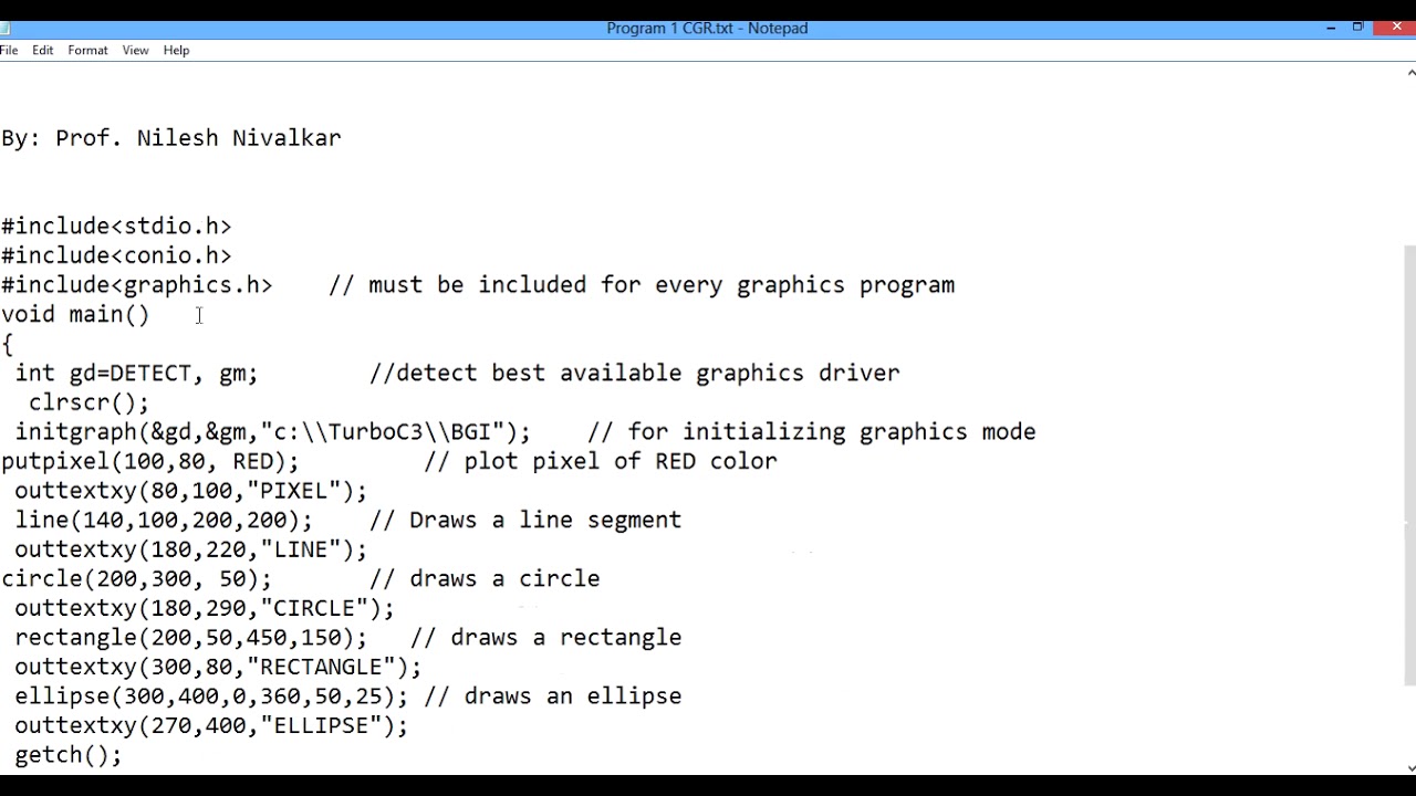 Program to Draw graphics object using built in C Function
