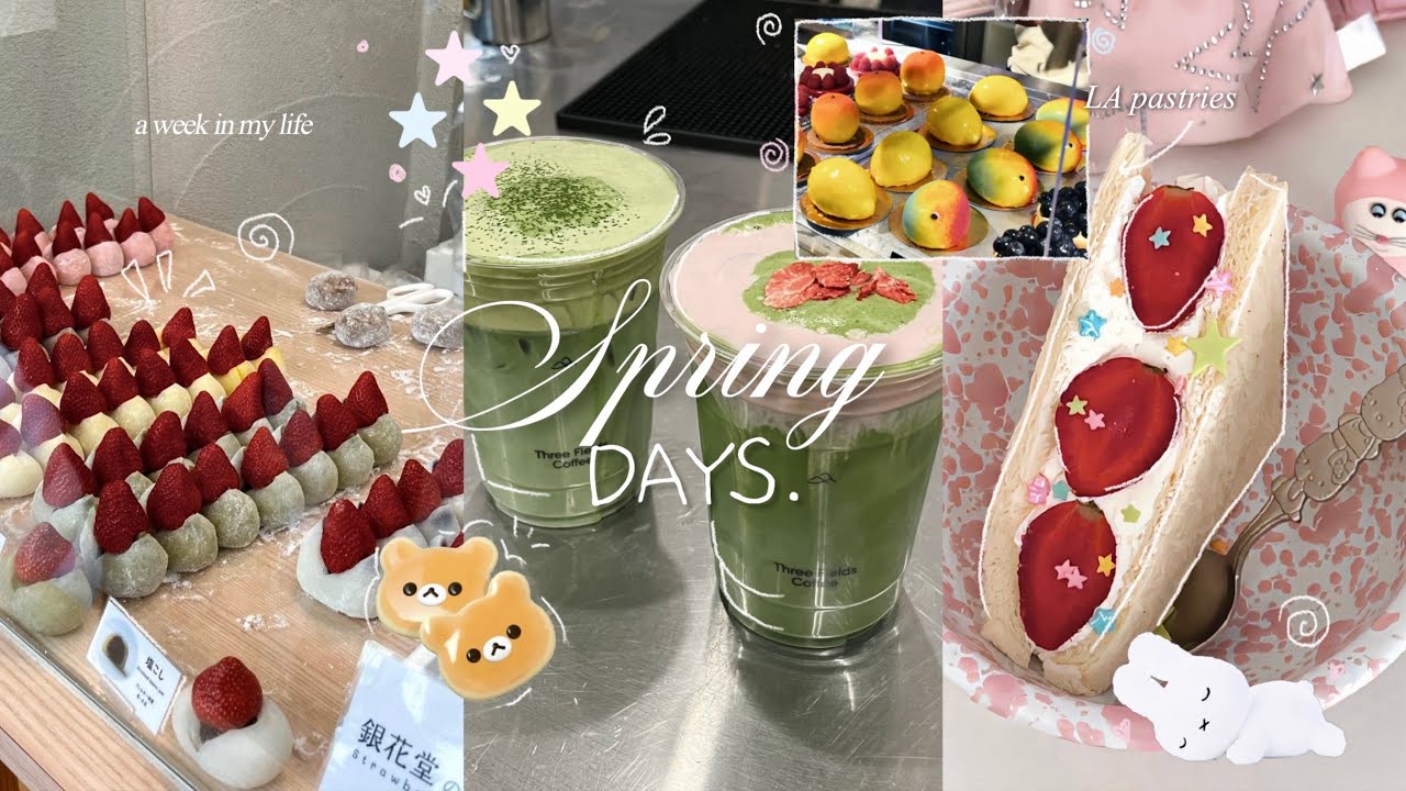 Slice of life 🍰| viral LA pastries￼, matcha, café hopping,baking cake, ramen, spring days, cooking🍓🍵