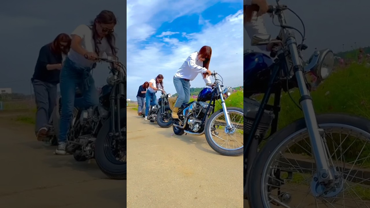Ladies kicking their Harley Davidson Motorbike 🤩👏. #bikergirl #kickstart #ladybiker