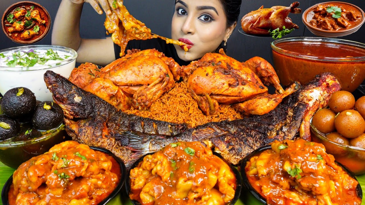 Eating Ghee Fish Curry,Hyderabadi Whole Chicken Dum Biryani,Mutton Fat Curry,Egg ASMR Eating Mukbang