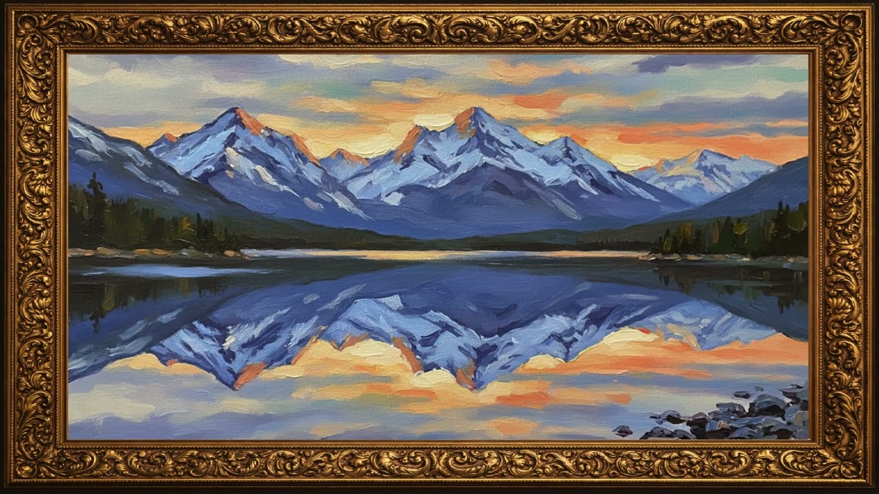 Calm Mountain Lake Reflection Beautiful Painting  4K TV Display
