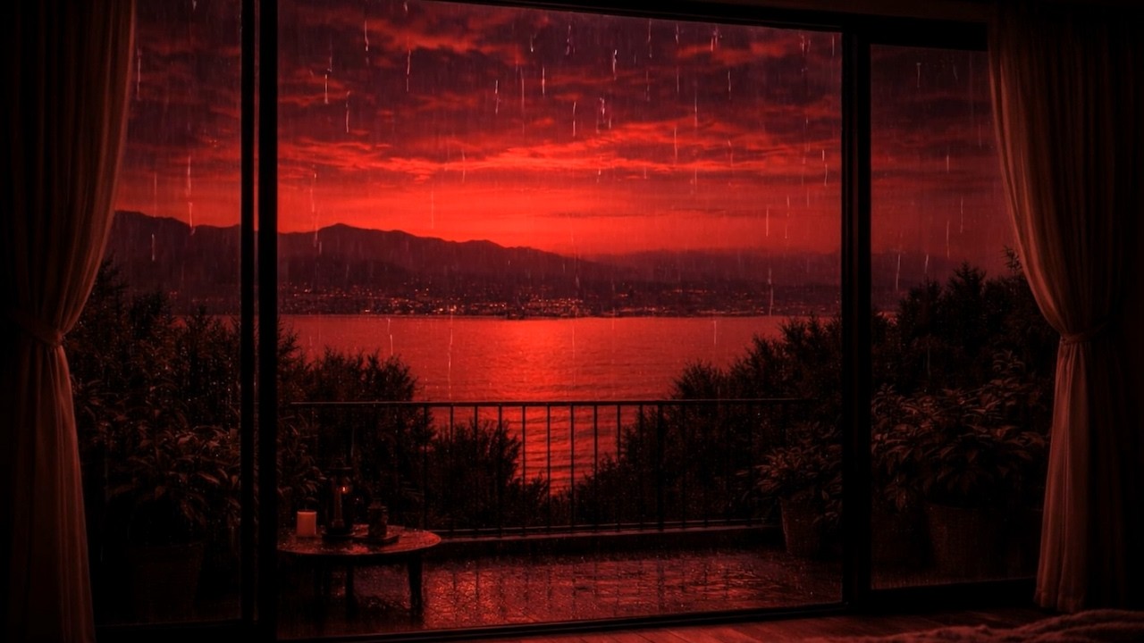 Red Rain Ambience 🌧️ Heavy Rain & Rolling Clouds | Sunset Balcony | White Noise | 9+ Hours