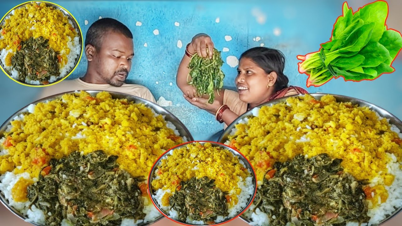 eating show | spinach bhujiya Dal rice palak eating show | Ramesh village eating show