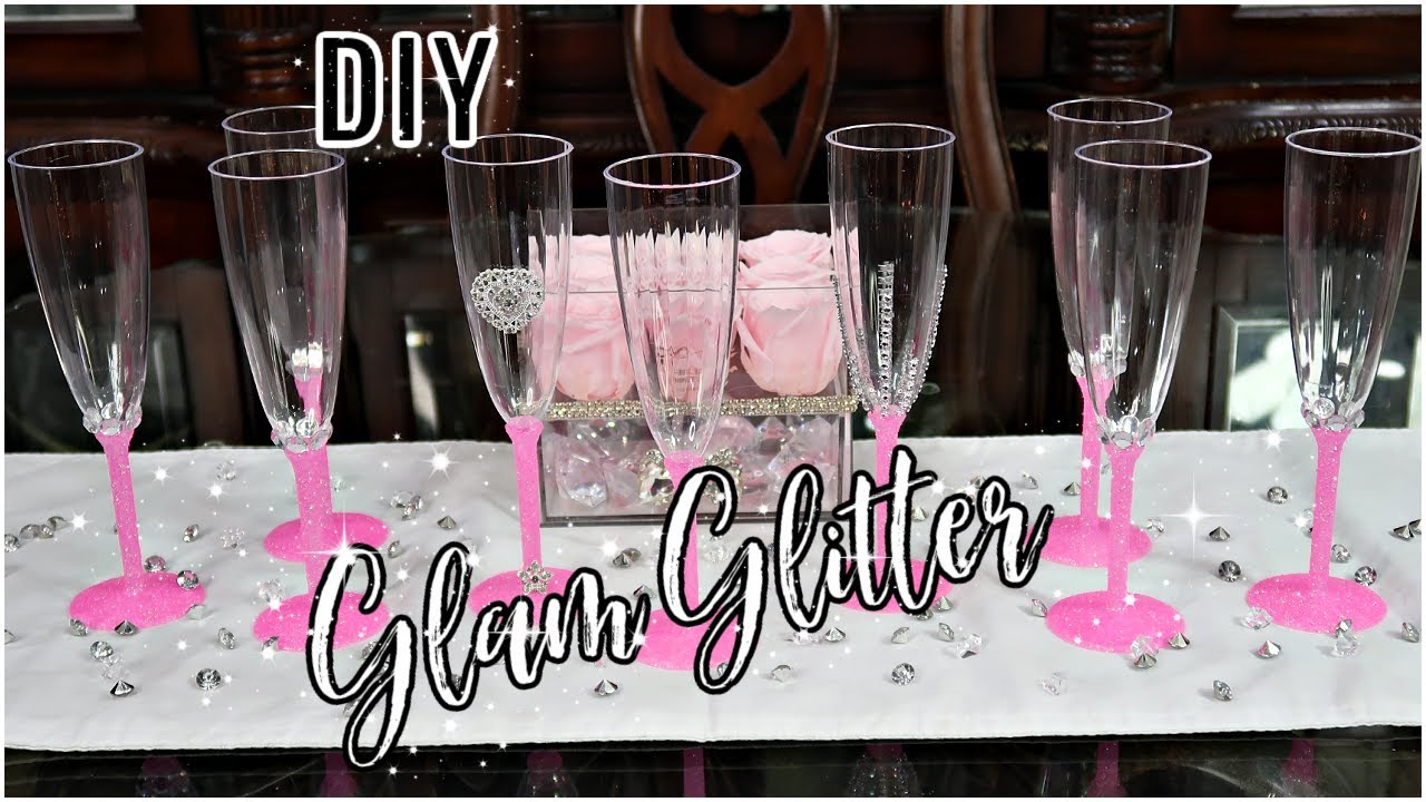 DIY PINK GLITTER CHAMPAGNE GLASS DECOR IDEA | DIY BRIDE | DIY BRIDAL/BABY SHOWER | DOLLAR STORE DIY