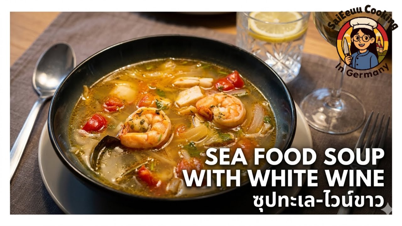 ซุปทะเลใส่ไวน์ขาว-seafood soup with white wine -ซุปทะเลแสนอร่อย ในฤดูใบไม้ผลิ