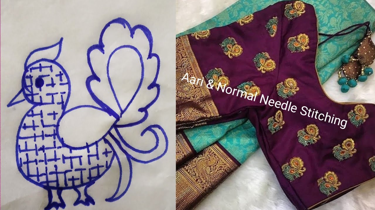 Peacock with thread  Zardosi Mat filling Using Aari Work &Normal Needle Stitching including Tracing