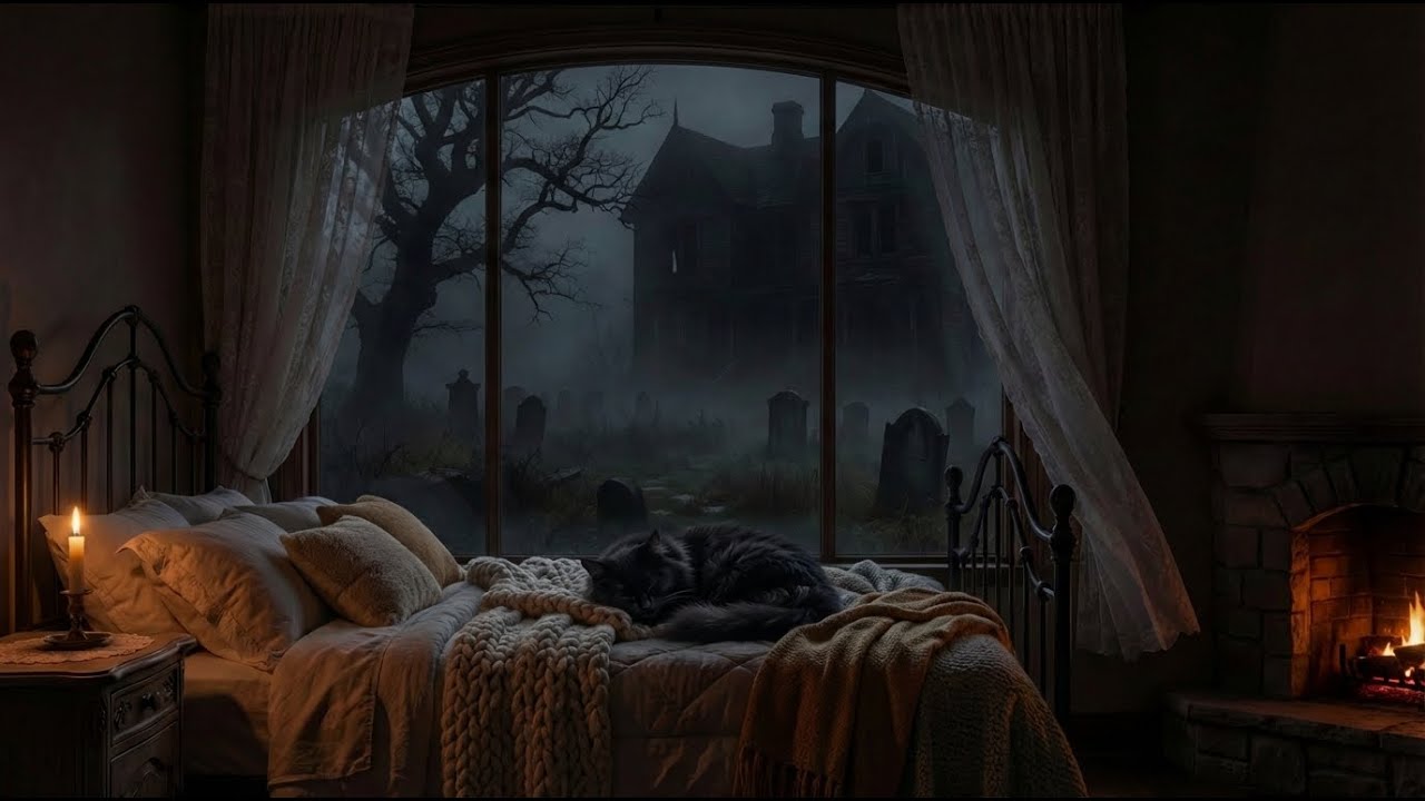 4K, 2HOURS Spooky Cozy Bedroom Ambience 🌙 Fireplace, Sleeping Cat & Haunted Graveyard Outside