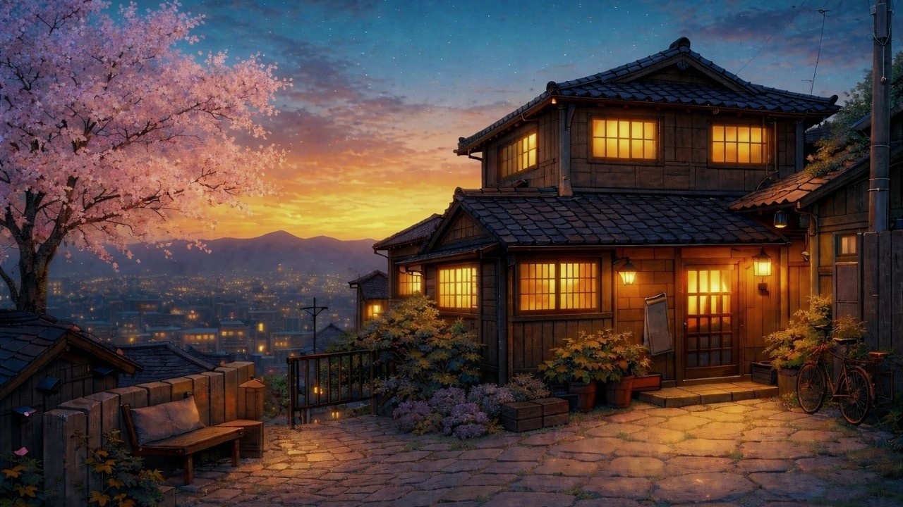 Cozy Japanese Evening Lofi 🌸 Warm Lights & Cherry Blossom Ambience for Study