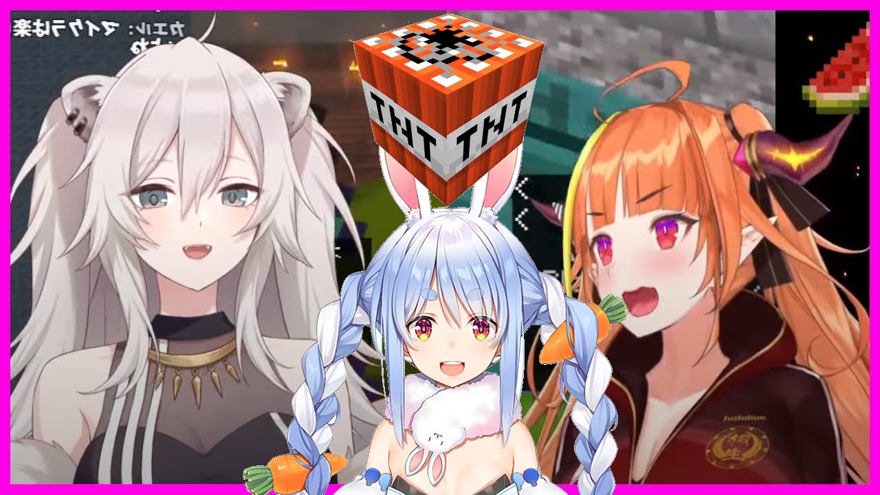 Crazy Rabbit startles a Lion and a Dragon with TNT [Pekora, Coco, Botan, feat. Towa, Minecraft]