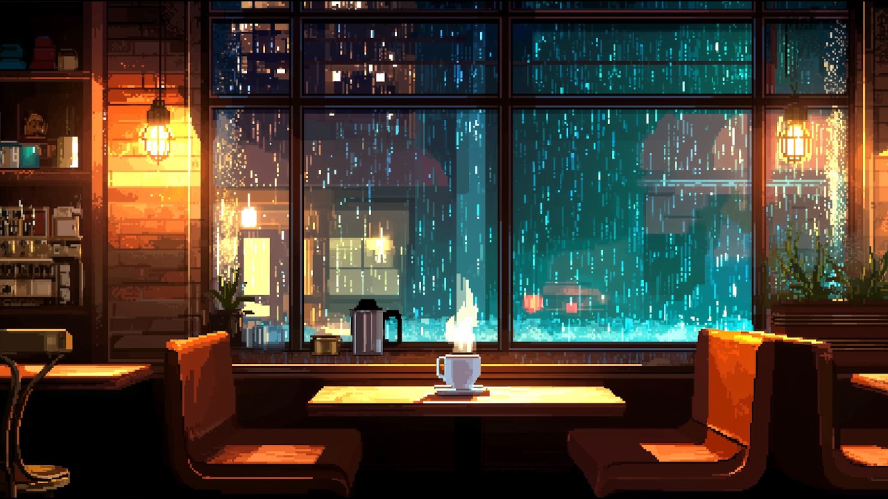 Cozy Pixel Art Caf&eacute; at Night &ndash; 3 Hours of Rain & Lo-Fi Relaxing Ambience