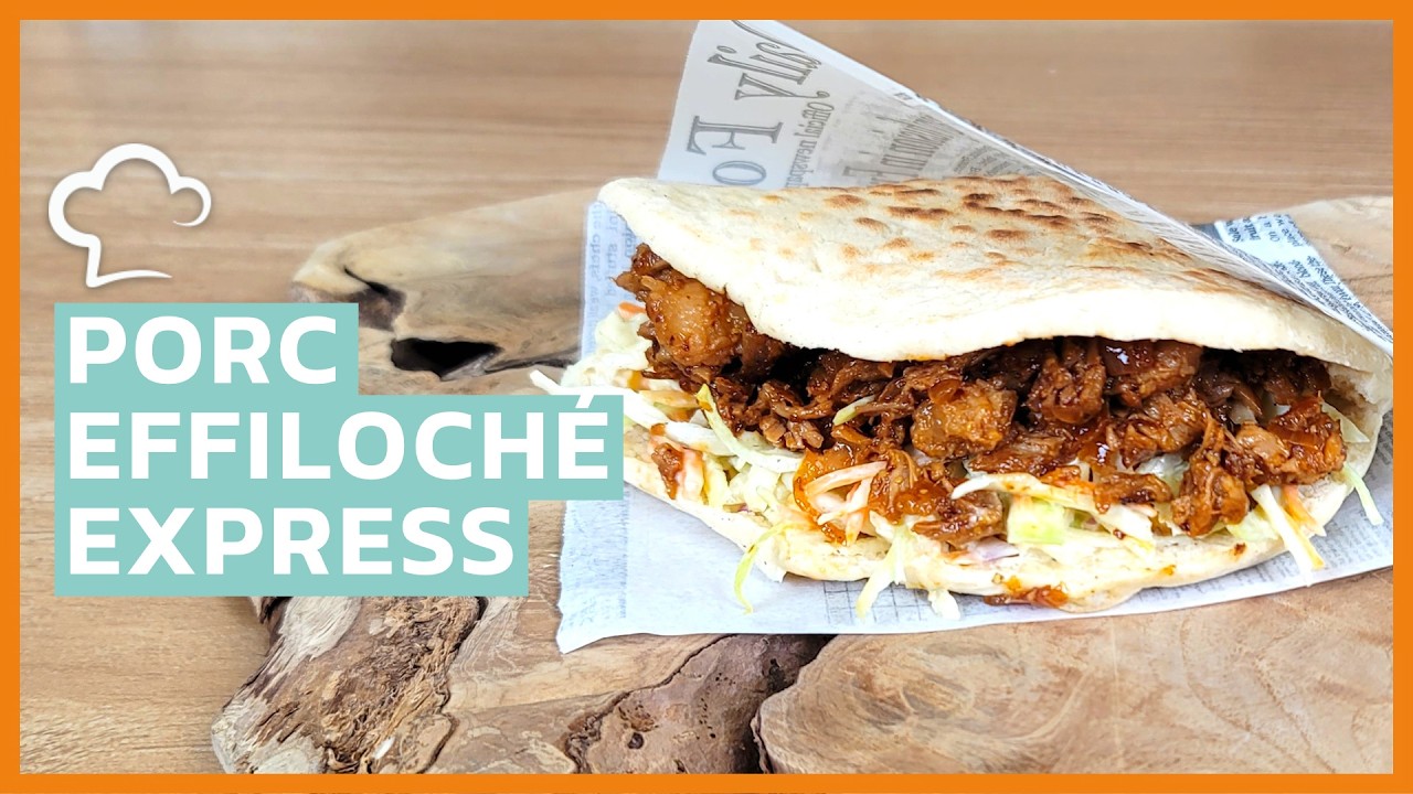 Porc effiloché express, pain plat minute et coleslaw au fromage blanc