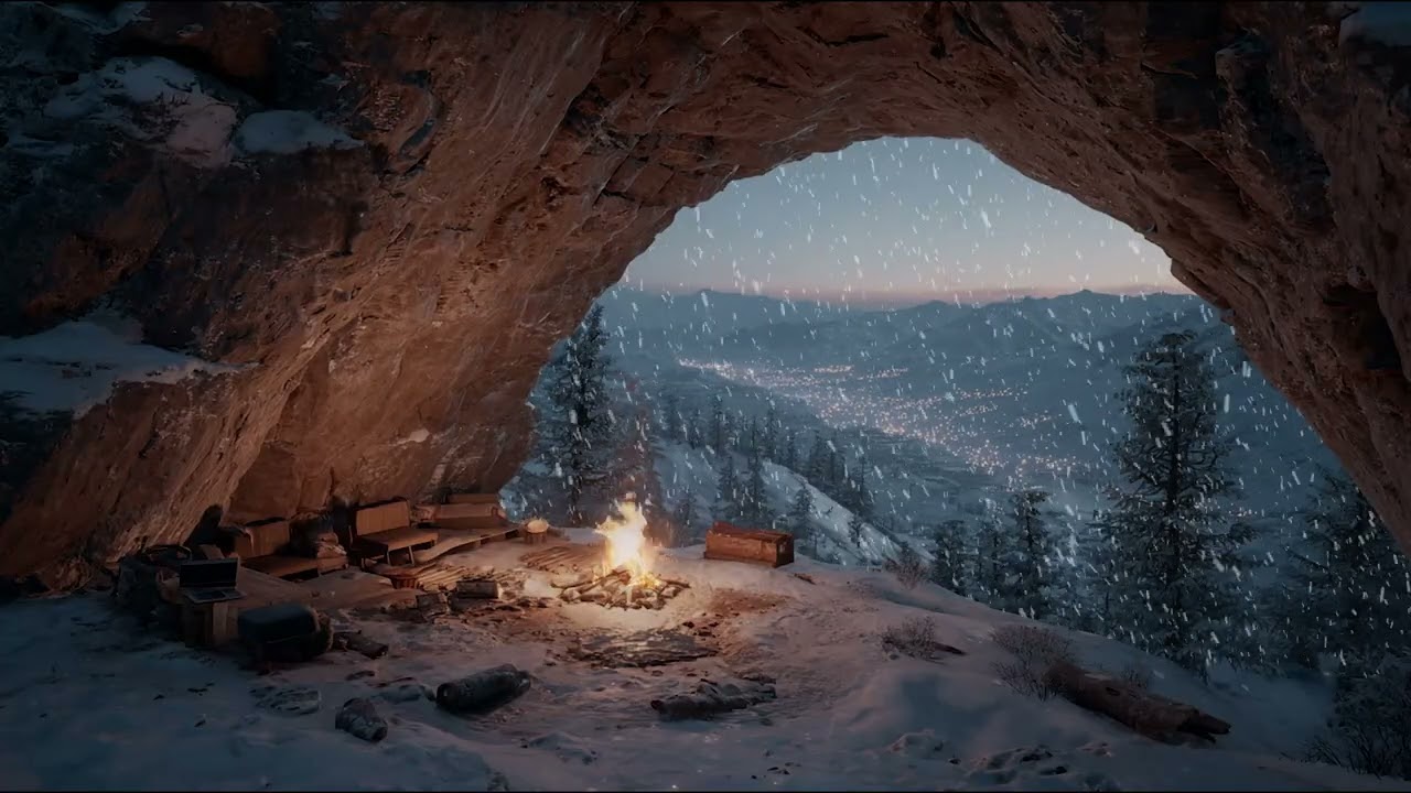Cozy Fireplace in a Snowy Cave – Wind Blowing Gently Outside for Sleep, Focus, and Relaxation