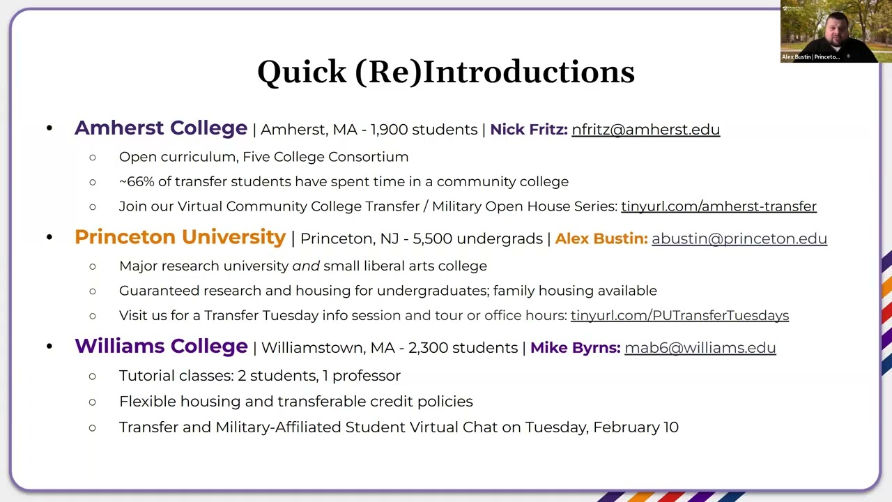 Undergraduate Transfer Application Workshop with Amherst, Princeton, Wesleyan, Williams, and Yale