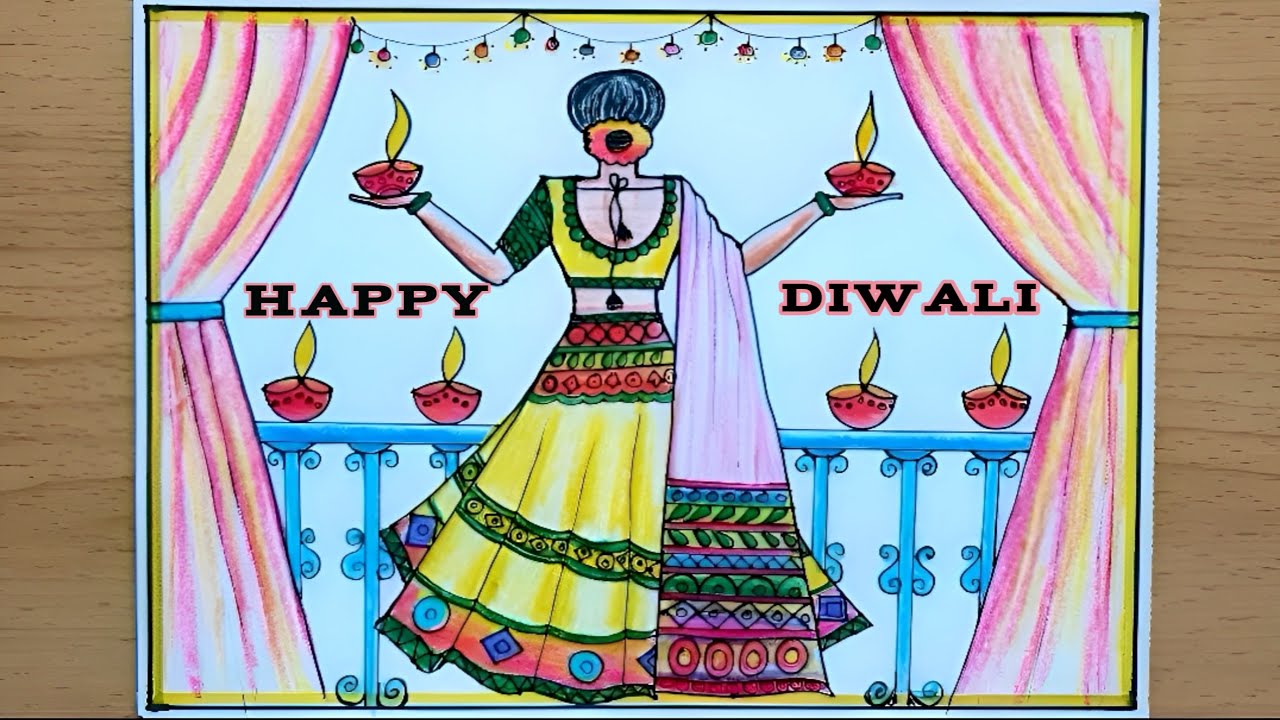 How to Draw Beautiful traditional girl with holding Diwali diya | Diwali Card Drawing Easy Step #art