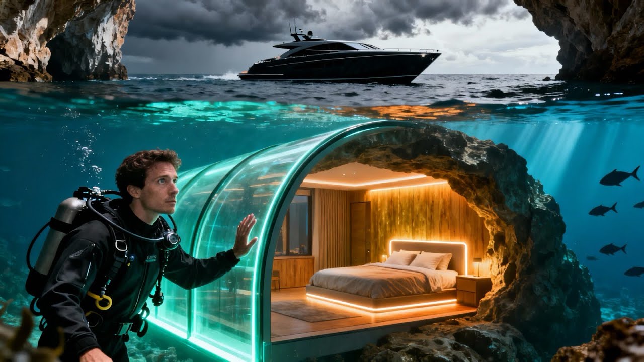 He Built a SECRET Luxury House Inside an UNDERWATER CAVE | Alone in the Open Sea (ASMR)