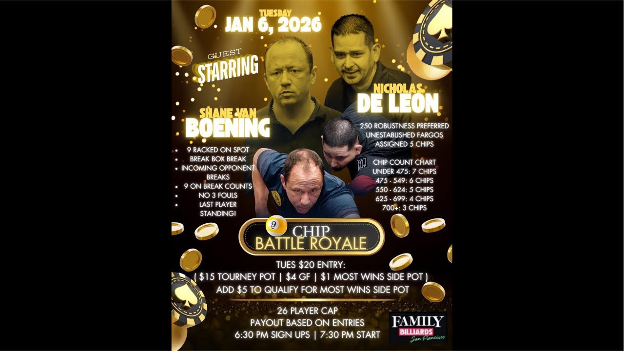 Jan 6, 2026 • Family Billiards Tues 9 Ball Chip Tournament - Feat. Shane Van Boening & Nick De Leon