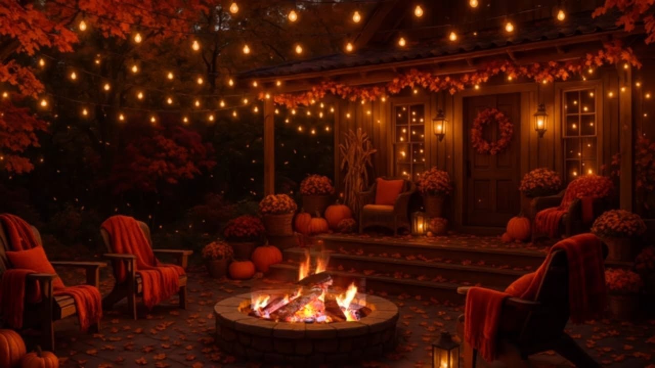 Cozy Autumn Porch Ambience 🍁 Smooth Jazz Music & Fireplace Sounds