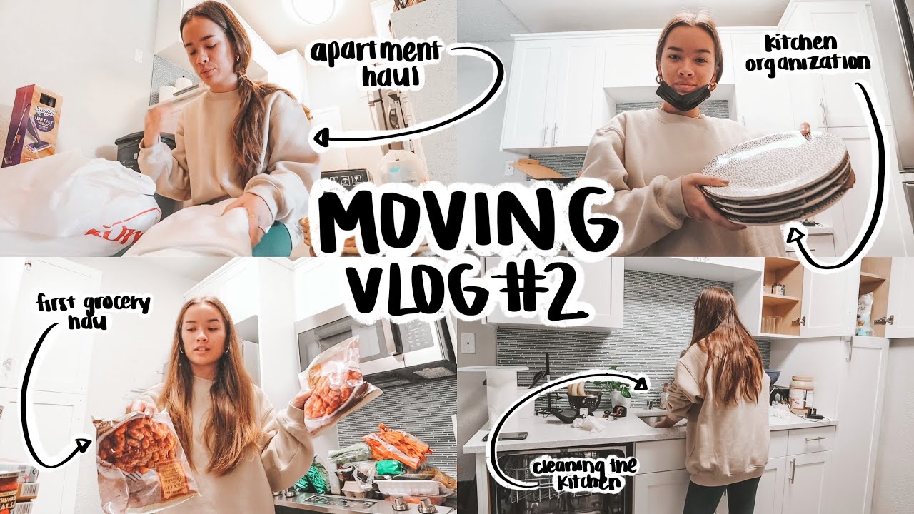 MOVING VLOG #2 | huge 1st apartment haul, first grocery haul, kitchen organization, cleaning + more!