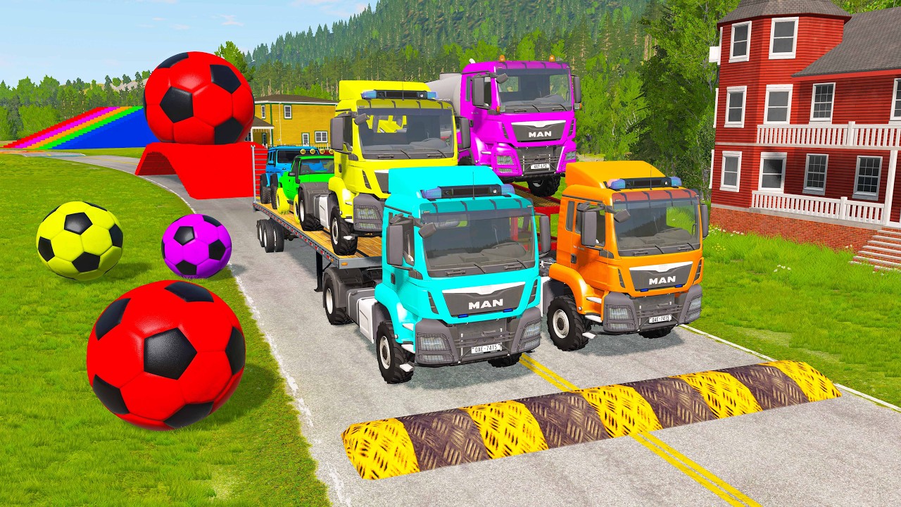 Flatbed Trailer McQueen Transportation with Truck - Speedbumps vs Cars vs Train - BeamNG.Drive #5