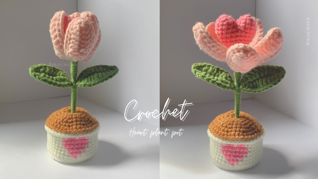 [Eng sub] Crochet heart plant pot | Hướng dẫn cách móc chậu cây trái tim tulip