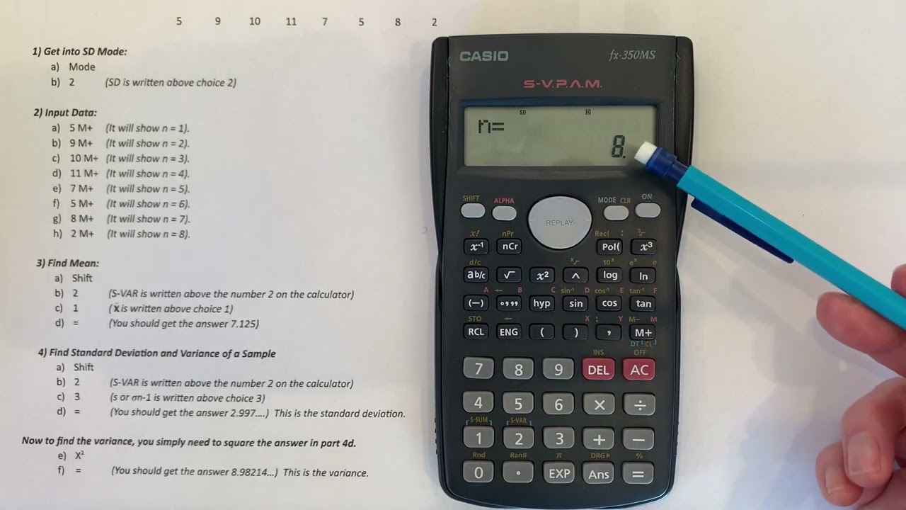 Casio FX 350 MS mean, variance, standard deviation computation
