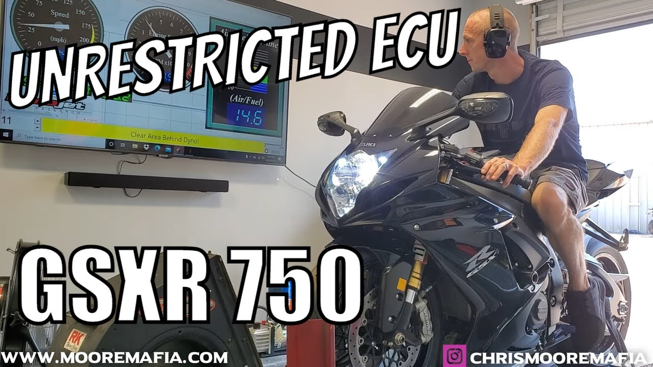 Unrestricted GSXR 750 on the DYNO after Cat Delete Pipe and M4 Slip on Exhaust-  Moore Mafia