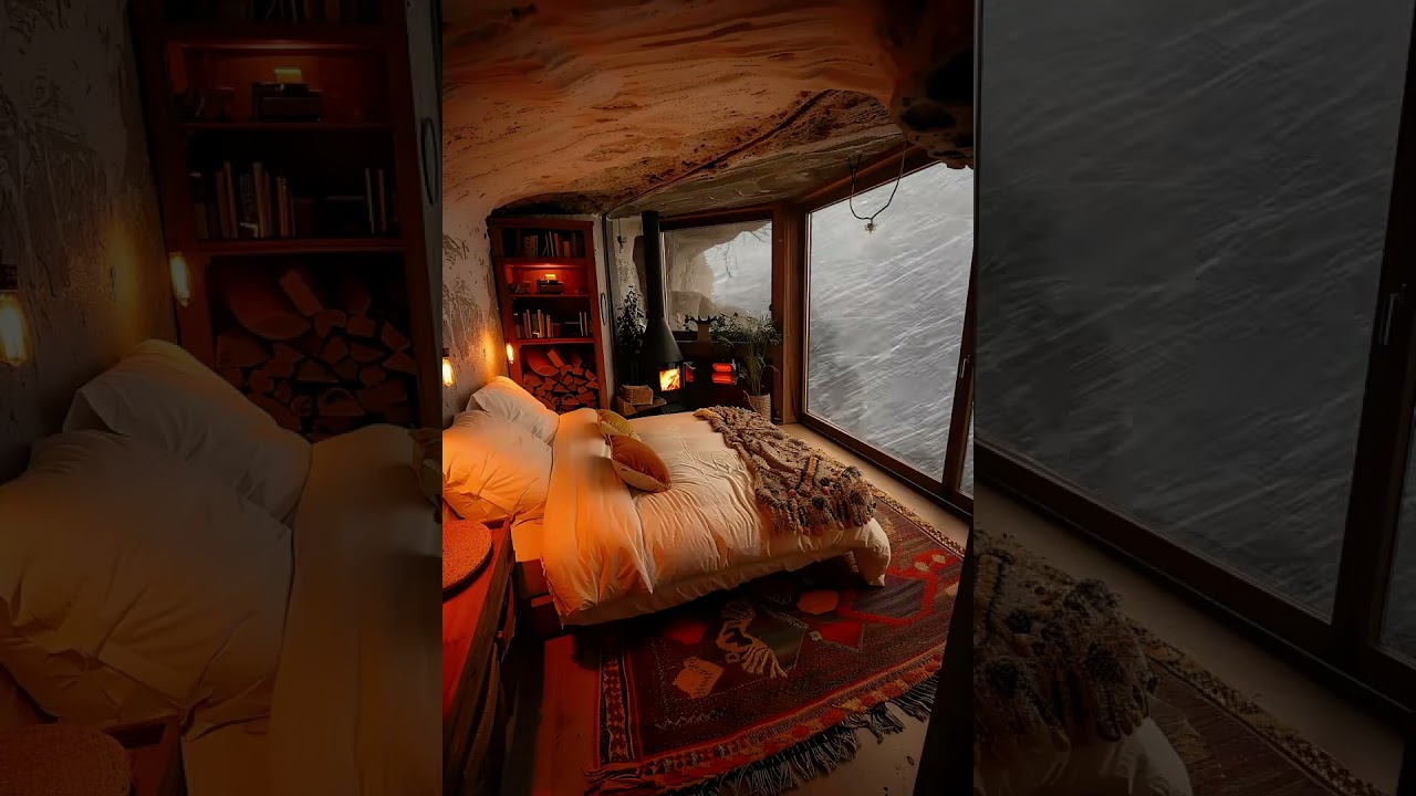 Healing, Ambiance, Sleep Aid, Cave Cozy Cabin, Burning Fireplace, Blizzard, Snowfall