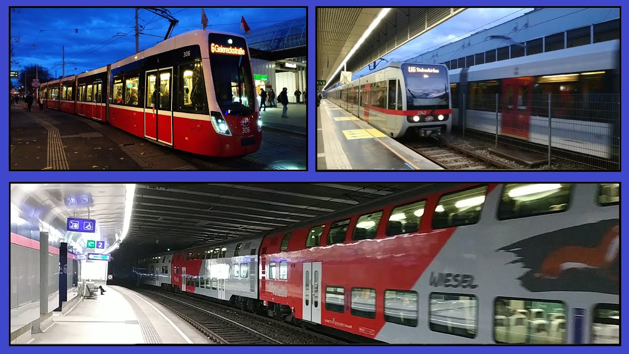 Utazás emeletes vonattal, felsővezetékes metróval (U6) és a Flexity villamos Bécsben.