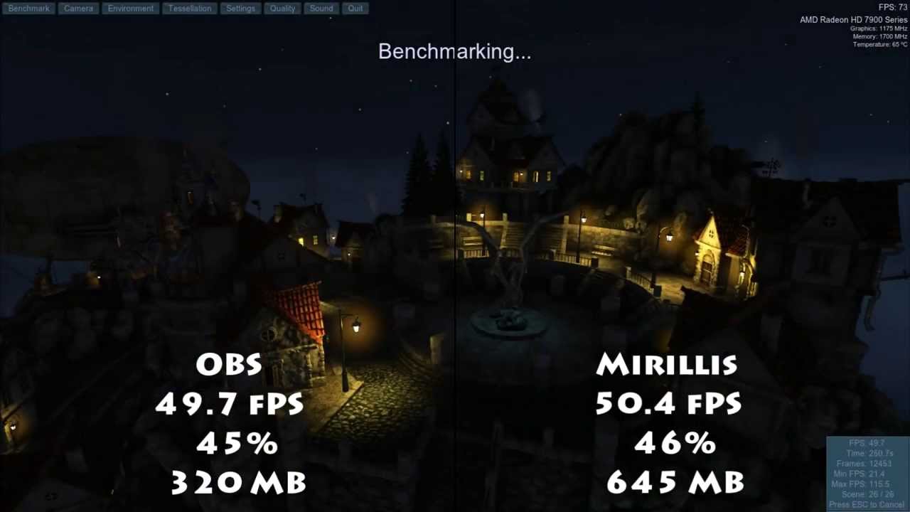 Mirillis Action / OBS: Picture-in-Picture Comparison, Benchmark, File Size, CPU Usage