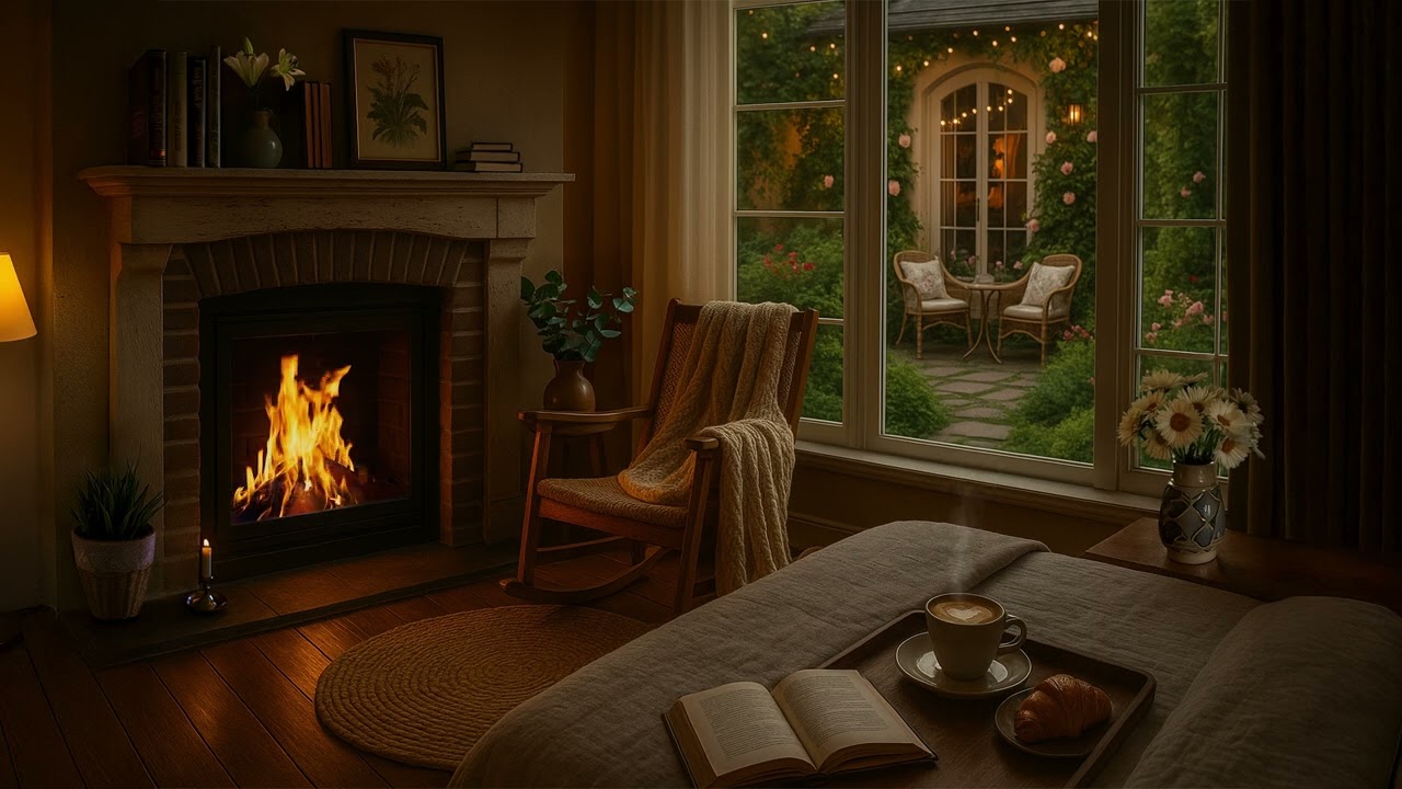 Cozy Bedroom Fireplace Ambience | Calm Crackling Fire & Peaceful Backyard Views (No Music)