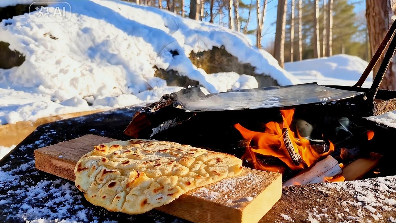 Cooking Meat and Baking Bread Over Fire in Winter | Relaxing Fire Sounds & Nature