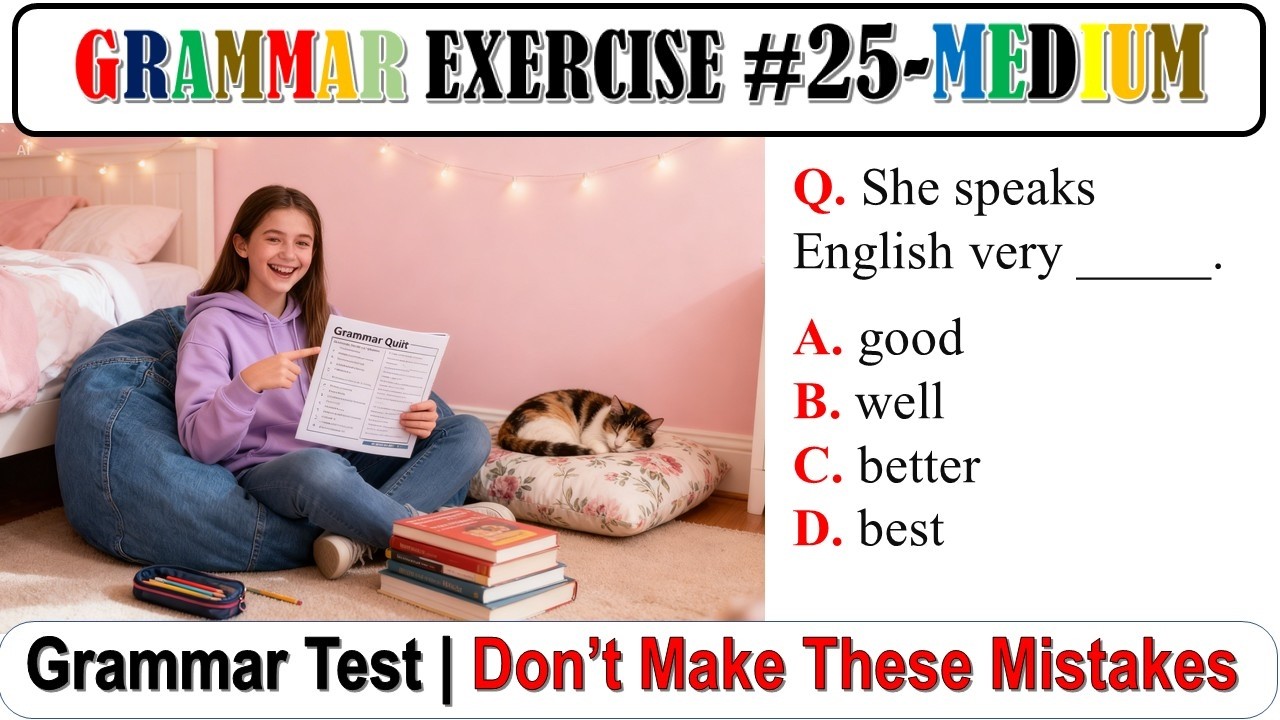 Grammar exercise 25:  Grammar Quiz | Medium Level for Learners  : MEDIUM level