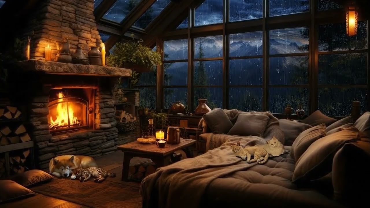 Nighttime Thunderstorm Haven - Fireside Comfort with Rain, Fireplace and Sleeping Cat