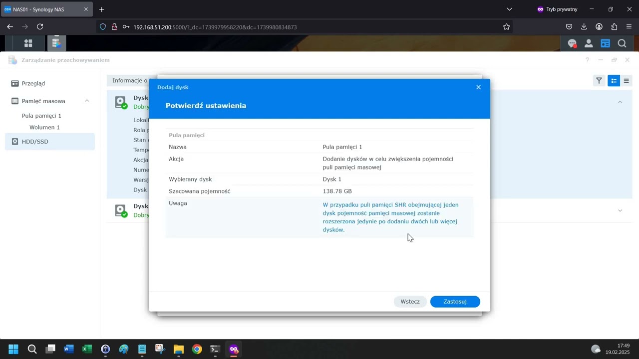 NAS Synology - dodanie 2-giego dysku do puli pamięci SHR w celu ochrony przechowywanych danych
